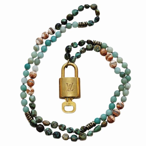 Louis Vuitton Gold Padlock with Key Blue Earth Tone Beaded Statement Necklace - Picture 1 of 8